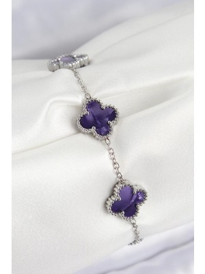 316L Çelik Sedefli Mor Gümüş Renk Yonca Kadın Bileklik