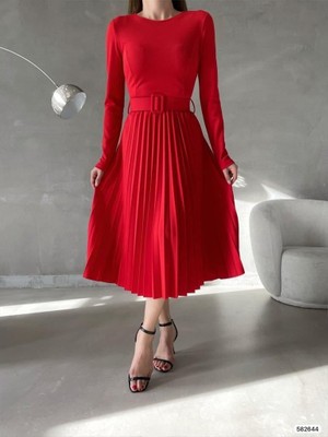 Piliseli Kemerli Midi Boy Abiye Elbise 582644 Kırmızı