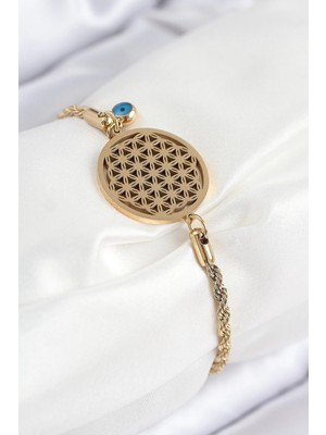 316L Çelik Nazar Boncuğu Detaylı Yaşam Çiçeği Model Gold Renk Kadın Bileklik