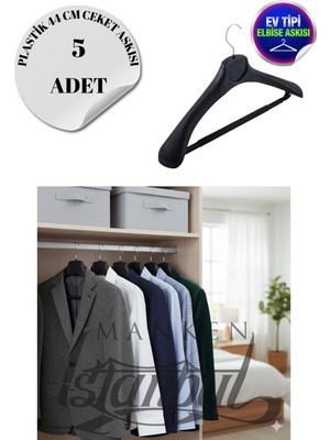 5 Adet Ev Tipi 44 cm Siyah Plastik Ceket Askısı Takım Elbise Askısı Kıyafet Askısı