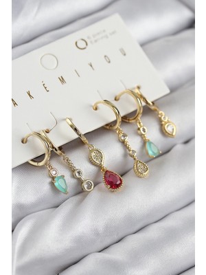 Pirinç Zirkon Taşlı Sallantılı Model Gold Renk 6'lı Küpe Set