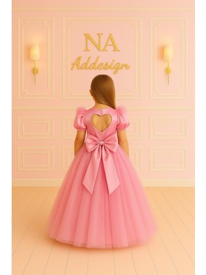Kabarık, Sırt Kalp Detaylı Saten Astar Kız Çocuk Elbisesi (9 Renk Seçeneği)