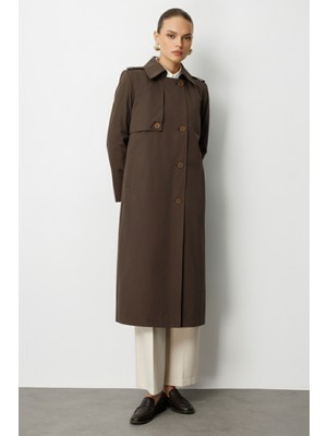 Mizalle Kahverengi Apoletli Klasik Maxi Mac Trençkot