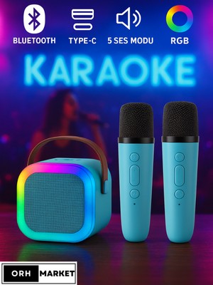 ORH MARKET Çift Mikrofonlu Kablosuz Karaoke Bluetooth Rgb Işıklı, Taşınabilir, Usb/sd Destekli Parti Hoparlörü