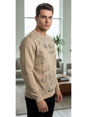 UNİSEX BİSİKLET YAKA BASKILI BEYZİK UZUN KOL SWEATSHİRT