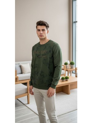 UNİSEX BİSİKLET YAKA BASKILI BEYZİK UZUN KOL SWEATSHİRT