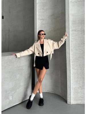 My Lunessa Zr Kısa Crop Kemerli Bej Trençkot