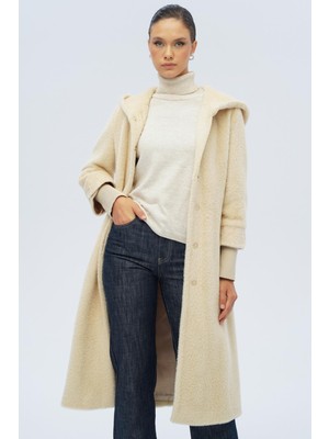 Kapüşonlu Ribana Detaylı Pelüş Kaban Bej 3118