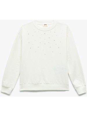 Taş Detaylı Uzun Kollu Bisiklet Yaka Şardonlu Pamuklu Sweatshirt