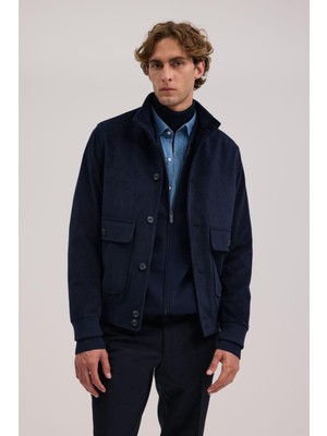 Lacivert Comfort Fit Hakim Yaka Kadife Mont