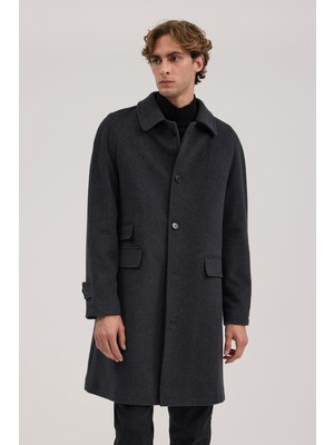 Jakamen Antrasit Comfort Fit Yünlü Kaban Uzun Kol Erkek Düz Desenli Şık Tasarım