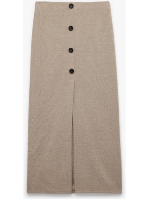 Slim Fit Düğmeli Yırtmaç Detaylı Midi Triko Kalem Etek