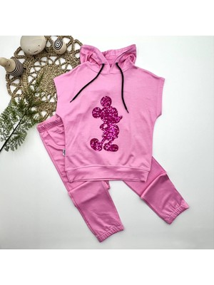 3-4-5 Yaş Kapşonlu Payetli Mickey Desenli Kısa Kol 2li Kız Erkek Çocuk Takımı