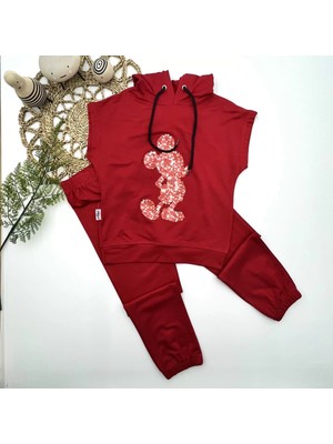 3-4-5 Yaş Kapşonlu Payetli Mickey Desenli Kısa Kol 2li Kız Erkek Çocuk Takımı