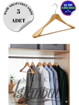 5 Adet Ev Tipi Masif Ahşap 44 cm Ceket Askısı Takım Elbise Askısı Kıyafet Askısı