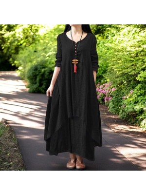 Günlük Salaş Iki Katlı Keten Elbise