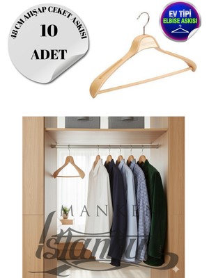 10 Adet Ev Tipi Masif Ahşap 48 cm Ceket Askısı Takım Elbise Askısı Kıyafet Askısı