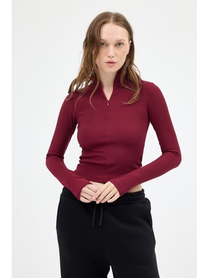 Bordo Yarım Balıkçı Yaka Fermuarlı Body 2447