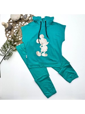 3-4-5 Yaş Kapşonlu Payetli Mickey Desenli Kısa Kol 2li Kız Erkek Çocuk Takımı