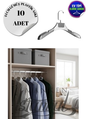 10 Adet Ev Tipi 44 cm Gümüş Plastik Ceket Askısı Buluz Askısı Elbise Askısı Kıyafet Askısı