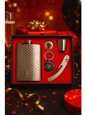 Vıp Özel Çelik Hediye Seti – Çelik Matara, Anahtarlık, Mantar Açacağı Çakı, Huni ve Shot Bardak