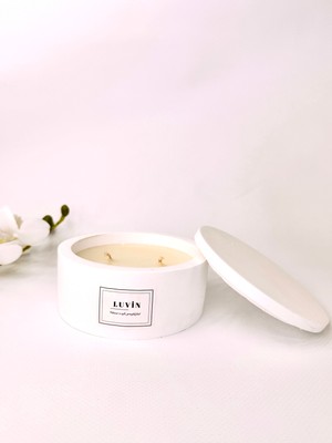 Çikolata Kokulu Mum, Kapaklı Dekoratif Beyaz Renkli Beton Mum, Tabak Form Çift Fitil