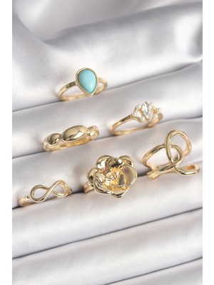 Pirinç Gold Renk Çiçek Model Model Sonsuzluk Zirkon Taş Detaylı 6'lı Kadın Yüzük Seti - TJ-BYK3612