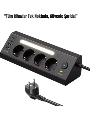 Akım Korumalı 4’lü Priz | 2 Usb-C + 2 Usb-A Çıkış | LED Işıklı Güç Ünitesi | 2 Metre Kablo – Hızlı Şarj ve Güvenli Kullanım