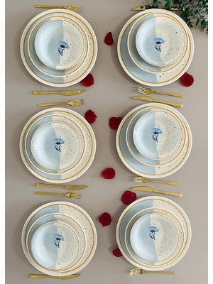 Venüs Home Decoration Mavi Gelincik 18 Parça Seramik Yemek Takımı 6 Kişilik Desenli Renkli