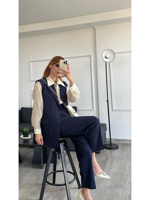 Madame Melek Markalı Vatkalı Yelek Pantolon Takım - Havuç Pantolon Uzun Yelek Düz Renk Takım