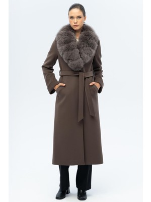 Çıkabilir Kürklü Belden Bağlamalı Uzun Kaşmir Kaban Duman   3133-TK