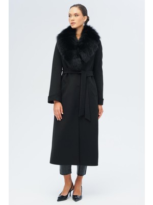 Çıkabilir Kürklü Belden Bağlamalı Uzun Kaşmir Kaban Siyah 3133-TK