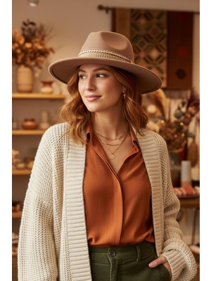 Bohem Dokunuşlu Şeritli Kahve Fedora Şapka