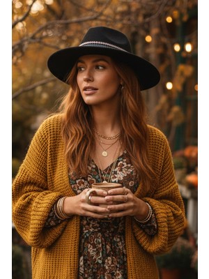 Bohem Dokunuşlu Şeritli Siyah Fedora Şapka