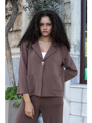 Kadın Modal Ipeksi Yakalı Kapri Kollu Cepli Pili Kaşeli Ceket Hırka Ceket -Kahve