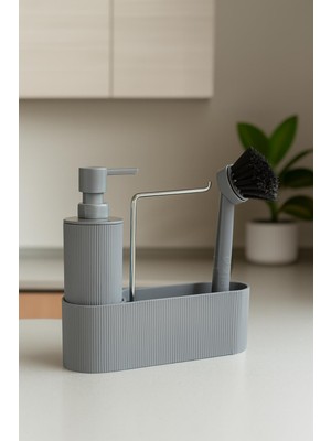 Gri Sabunluk Fırçalı Mutfak Lavabo Düzenleyici Seti- Sabunluk,fırça ve Organizer
