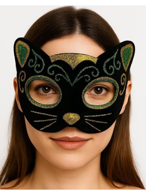 Siyah Kadife Kaplama Üzeri Sarı Yeşil Sim Işlemeli Kedi Maskesi 20X13 cm