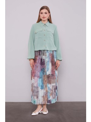 Mint Yeşili -Mint Yeşili Bel Büzgülü Etek Takım