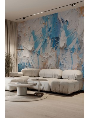 Fırça Dansı Mavi & Turuncu Soyut Desen Tekstil Duvar Kağıdı