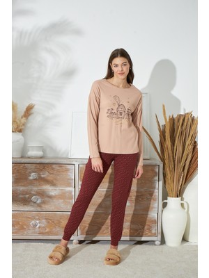 Kadın Bej Renk Uzun Kollu Bisiklet Yaka Puantiyeli Alt Pijama Takımı C2T3N351