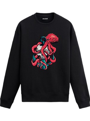 Colermi Ahtapot Sarılmış Kurukafa Tasarım Baskılı Unisex Sweatshirt