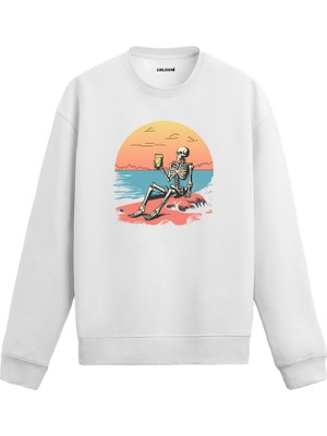 Colermi Gün Batımı Iskelet Tasarım Baskılı Unisex Sweatshirt