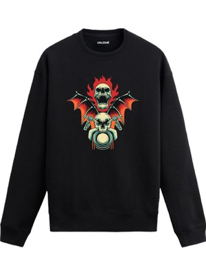 Colermi Alevli Kanatlı Kurukafa Tasarım Baskılı Unisex Sweatshirt