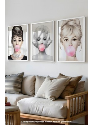 Hepburn, Monroe, Bardot 3'lü Beyaz Çerçeveli Poster, Tablo Seti No:28