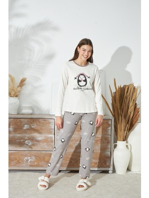 Kadın Krem Renk Uzun Kol Bisiklet Yaka Baskılı Pijama Takımı C3T7N941