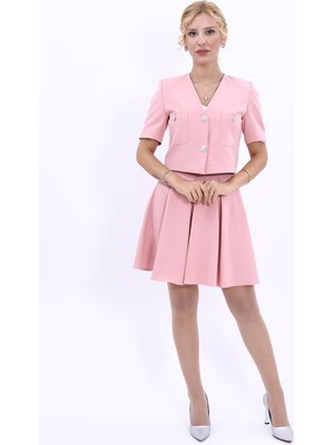 V Yaka  Kısa Ceket & Kısa Kloş Etek-Pudra