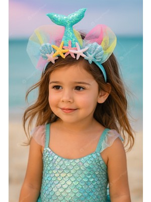 Mermaid Konseptli Deniz Kızı Kız Çocuk Taç Kutlama Parti Tacı Mavi