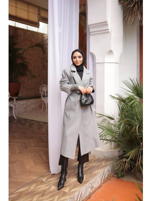 Ayseren Kadın Büyük Beden Astarlı  Bağlamalı Genç Örme Kaşe Kaban