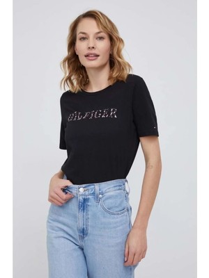 Women's Black Regular Feather Print Open Neck Tee T-Shirt