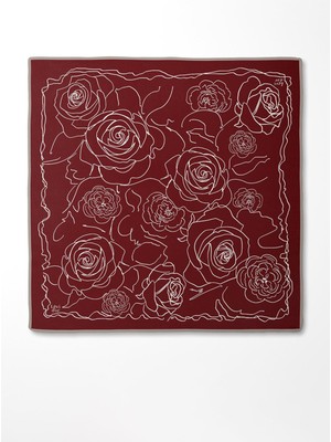 Bordo Gül Desen Twill Ipek Eşarp